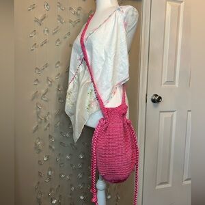Bright Pink Knit Crossbody Bucket Bag